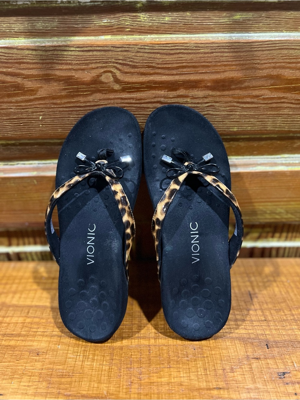 Vionic Black Footbed Thong Sandals with Leopard-Print Straps